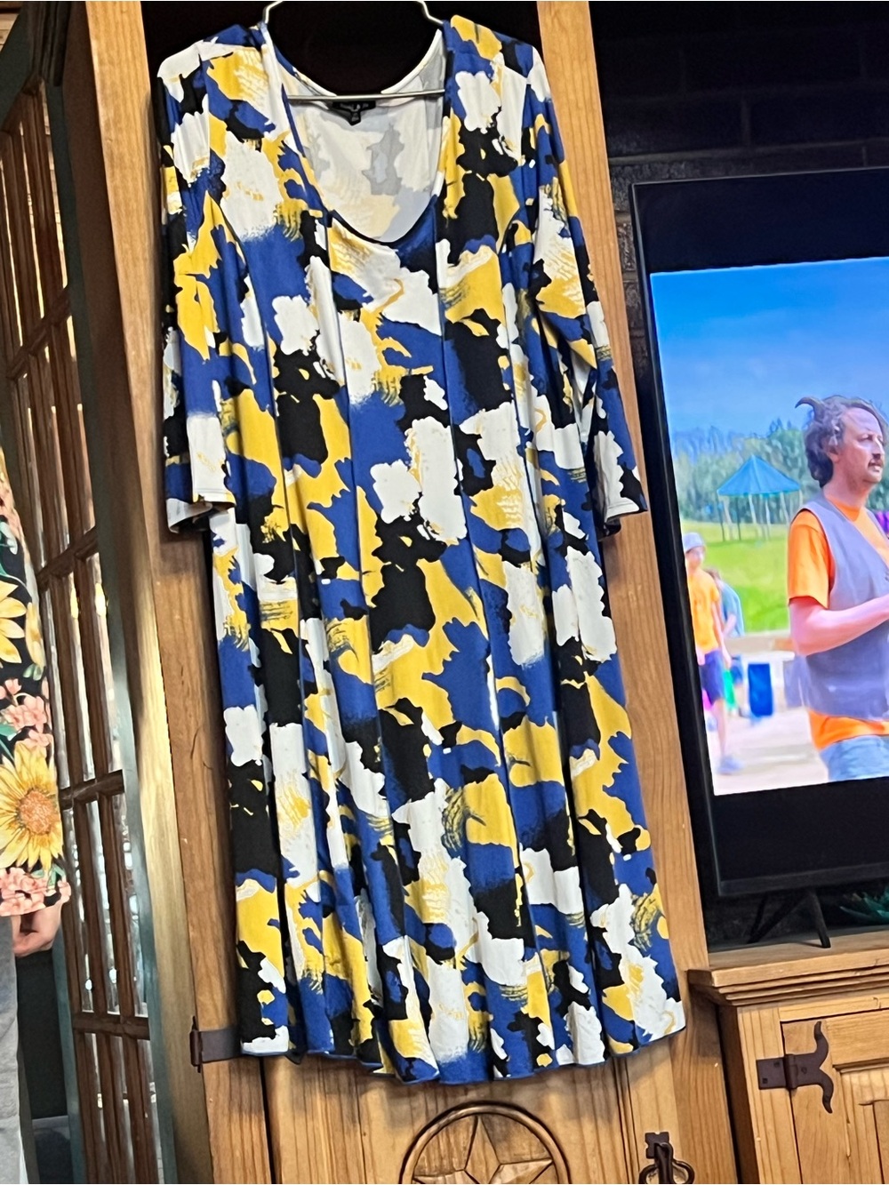 Women's Scoop Neck A-Line Dress in Blue, Yellow & Black